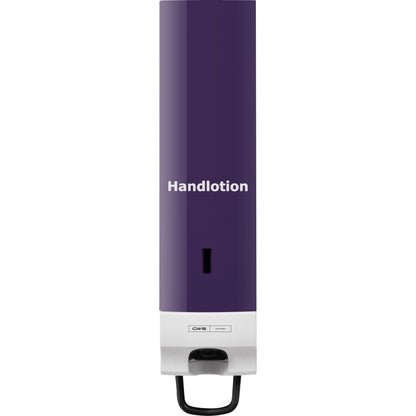 Das CWS Frontpanel für Seifenschaumspender Foam Slim hat eine violette "Handlotion"-Oberseite und eine weiße Unterseite mit Hebeln, die einen eleganten Look für jeden Raum schaffen.