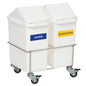 The Novocal room recycling collector double collector consists of two white containers labeled "PAPER" and "PLASTIC" in a stainless steel rolling frame, ideal for waste separation in hospitals and care facilities.