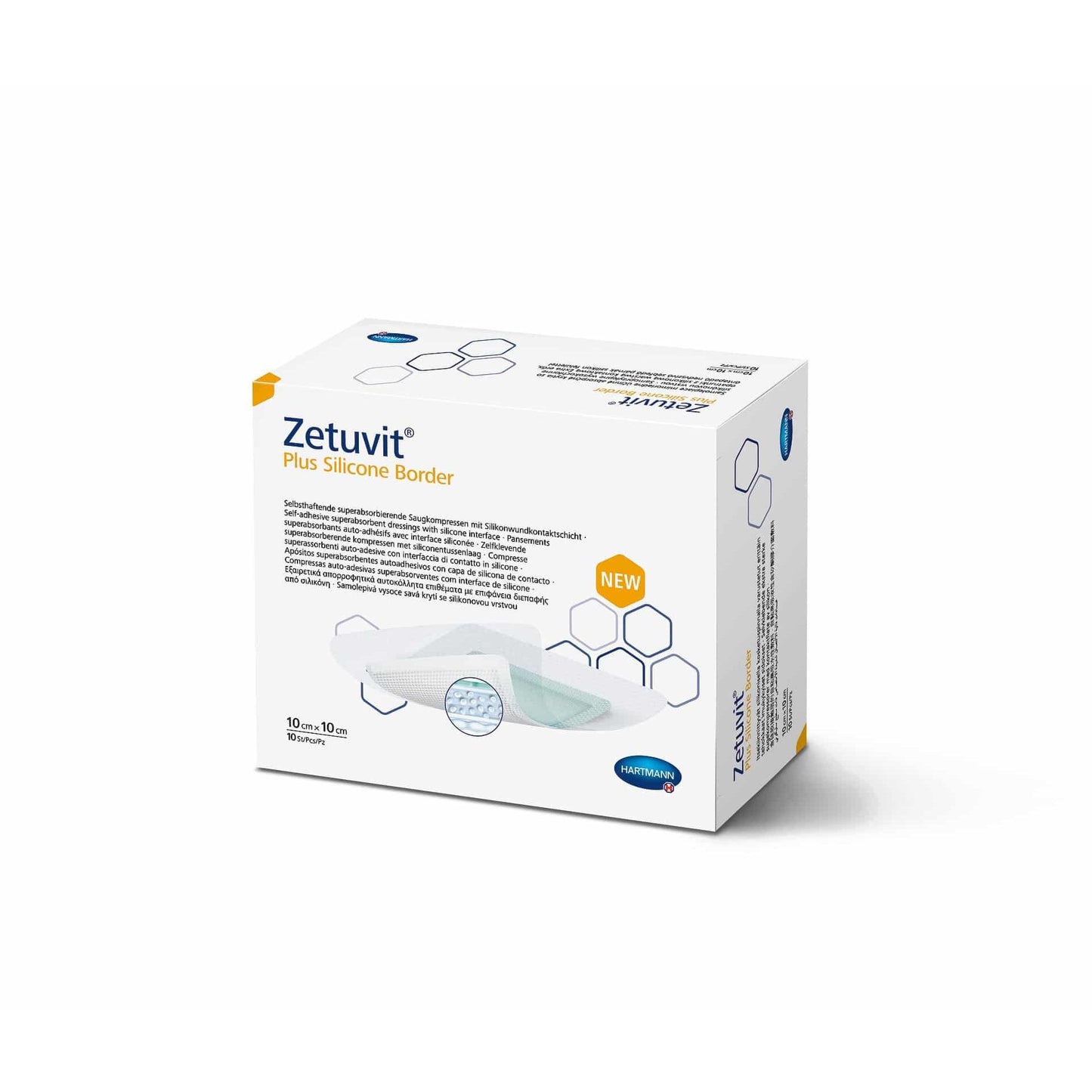 A white box from Paul Hartmann AG discontinued item: Hartmann Zetuvit® Plus Silicon Border 10x10 cm, sterile contains 10 wound dressings and shows the product name, description, logo, and an image of the silicone wound dressing.