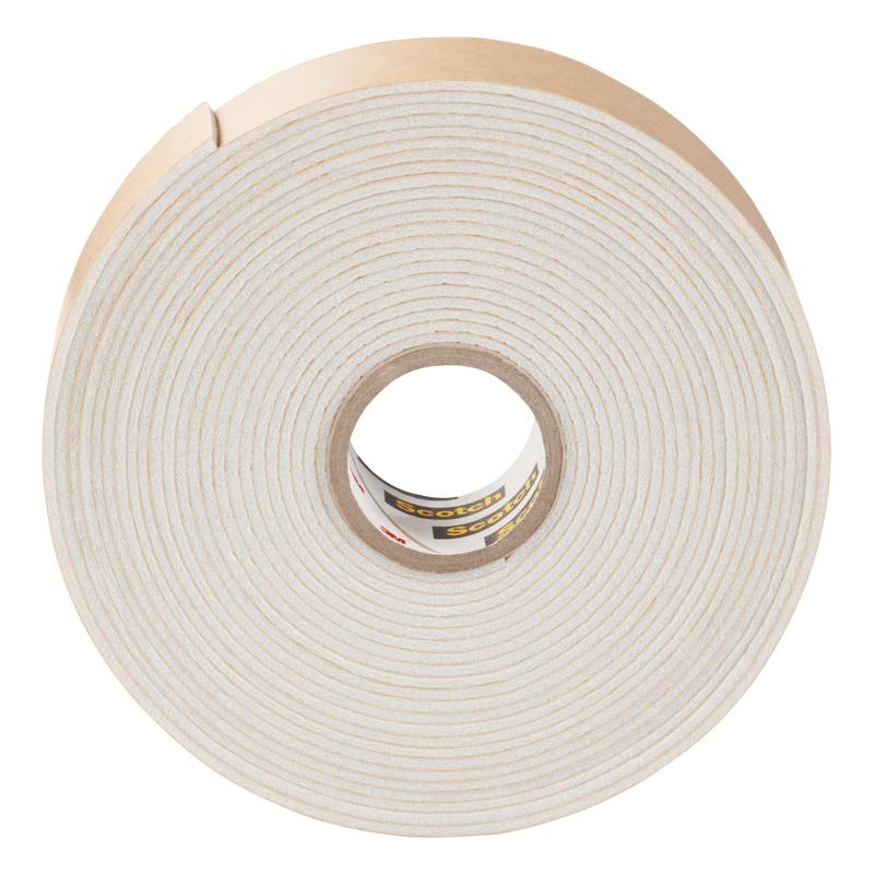 Close-up of a large roll of Scotch-FIX™ Mirror Mounting Tape 4496W from 3M Deutschland GmbH with a beige backing and central hole - perfect for secure mirror mounting.