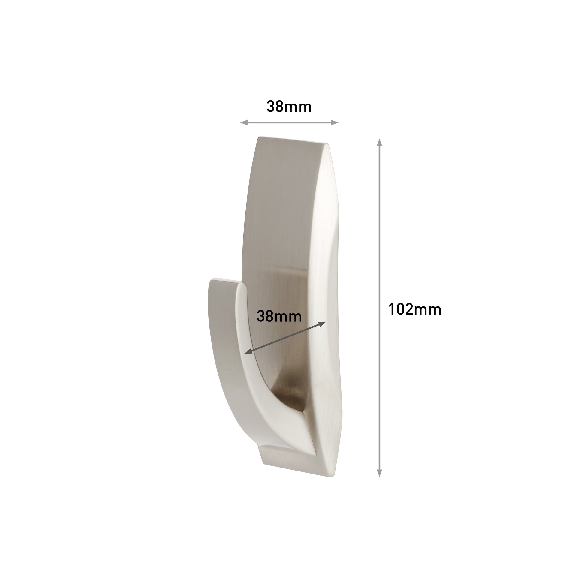 Der Command™ Metallhaken "Modern Reflection" von 3M Deutschland GmbH zeigt sich in mattem Silber auf weißem Grund und ist mit 38 mm Breite, 38 mm Tiefe und 102 mm Höhe beschriftet.