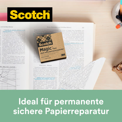 Eine Packung Scotch® Magic™ Klebeband von 3M Deutschland GmbH (9 Rollen, 19 mm x 33 m, mit 66 % pflanzlichem Klebstoff) liegt auf einem offenen Buch - ideal für permanente Papierreparatur und nachhaltige Büroorganisation.