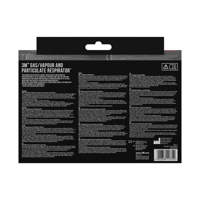 The image shows the back of a package of 3M Deutschland GmbH 3M™ Particulate Filter 2135, P3, 1 pair/pack with product details, instructions, warnings, and a barcode in multiple languages on a black package.