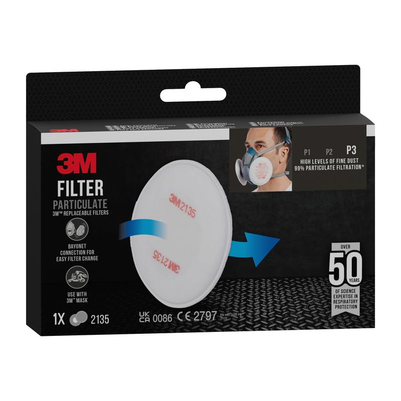The 3M™ Particulate Filter 2135, P3 (1 pair/pack) from 3M Deutschland GmbH offers 99% filtration efficiency and over 50 years of proven respiratory protection. The packaging shows the filter and a user wearing a respirator.