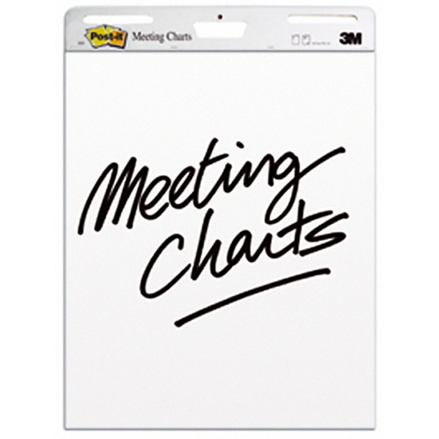 Ein großes Post-it® Super Sticky selbsthaftendes Meeting Chart/Flipchart für Wand-Montage 559 (63,5 x 76,2 cm, 30 Blatt/Block, 2 Blöcke), weiß, von 3M Deutschland GmbH, mit "Meeting Charts" vorn und dem 3M-Logo oben rechts.