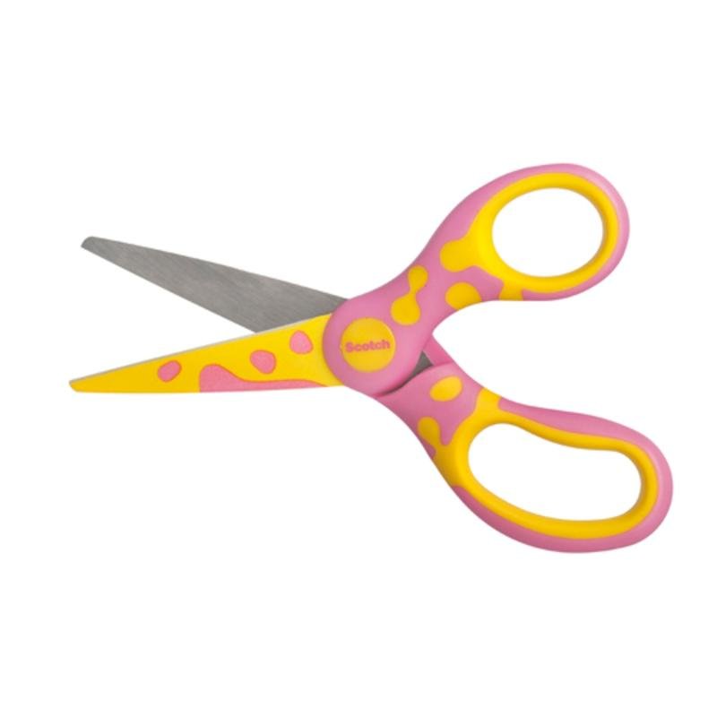 The Scotch™ DECO children's scissors from 3M Deutschland GmbH, 13 cm, shown in pink with playful handles and rounded tips, is ideal for craft projects. The metal blades are slightly open, photographed on a white background.