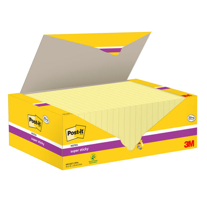 Ein geöffneter Karton der 3M Deutschland GmbH Post-it® Super Sticky Notes, Gelb, 76 mm x 127 mm, enthält mehrere gelbe Blöcke (90 Blatt/Block, 24 Blöcke/Packung), mit Produktkennzeichnung und Informationen auf der PEFC-zertifizierten Schachtel.
