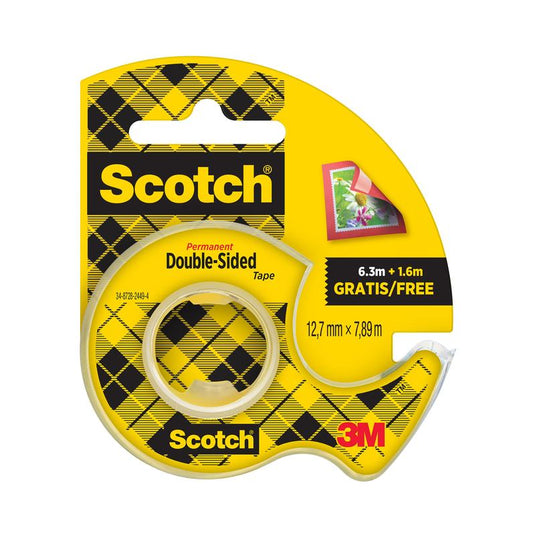 A pack of Scotch® double-sided tape from 3M Deutschland GmbH (12.7 mm x 7.89 m) with 25% extra free and yellow dispenser, suitable for use on paper. Contains 1 roll.