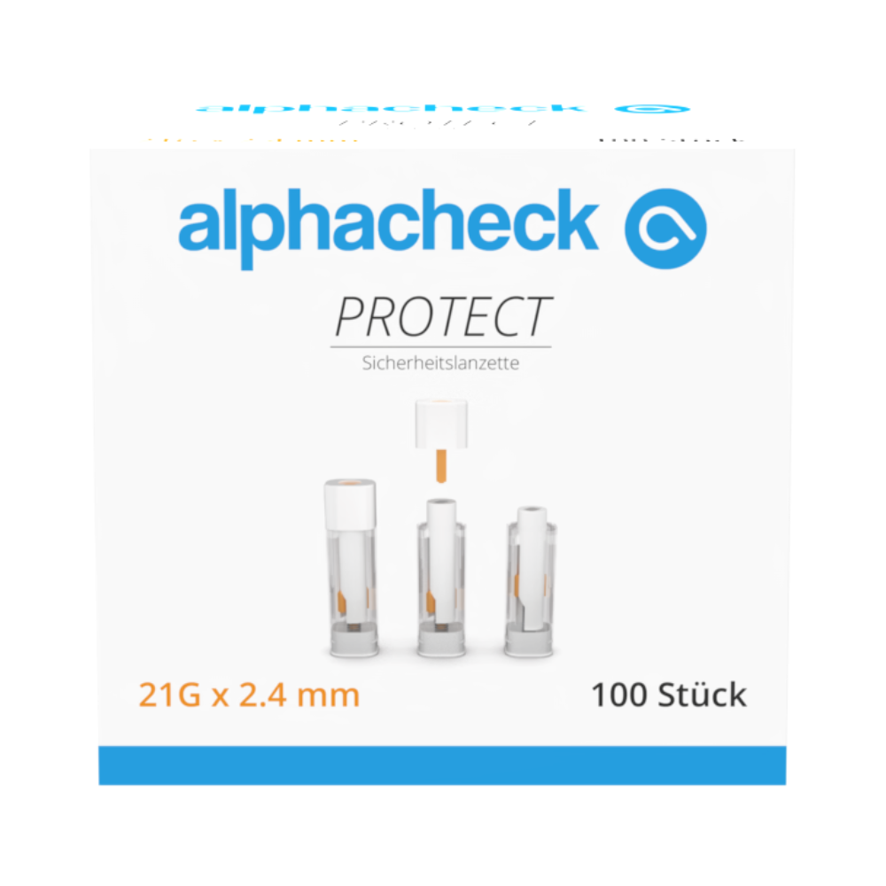 Bosca le 100 Alphacheck PROTECT lancéid sábháilteachta, 21G x 2.4 mm, ó Berger Med GmbH. Taispeánann an taobh tosaigh ainm an táirge, lógó agus léaráidí den lancéad i dtrí chéim ag cur béime ar thógáil fola gan phian.