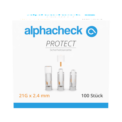 Bosca le 100 Alphacheck PROTECT lancéid sábháilteachta, 21G x 2.4 mm, ó Berger Med GmbH. Taispeánann an taobh tosaigh ainm an táirge, lógó agus léaráidí den lancéad i dtrí chéim ag cur béime ar thógáil fola gan phian.