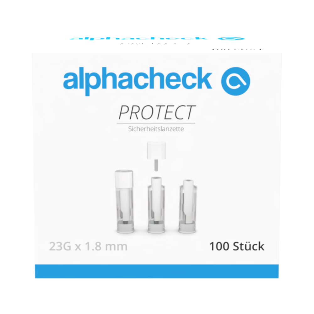 Bosca bán le béimeanna gorma agus liath le lipéad 'alphacheck PROTECT' ó Berger Med GmbH, ag léiriú Alphacheck PROTECT lancéid sábháilteachta le haghaidh tógáil fola gan phian le lipéad '23G x 1.8 mm' agus '100 píosa' ar an taobh tosaigh.