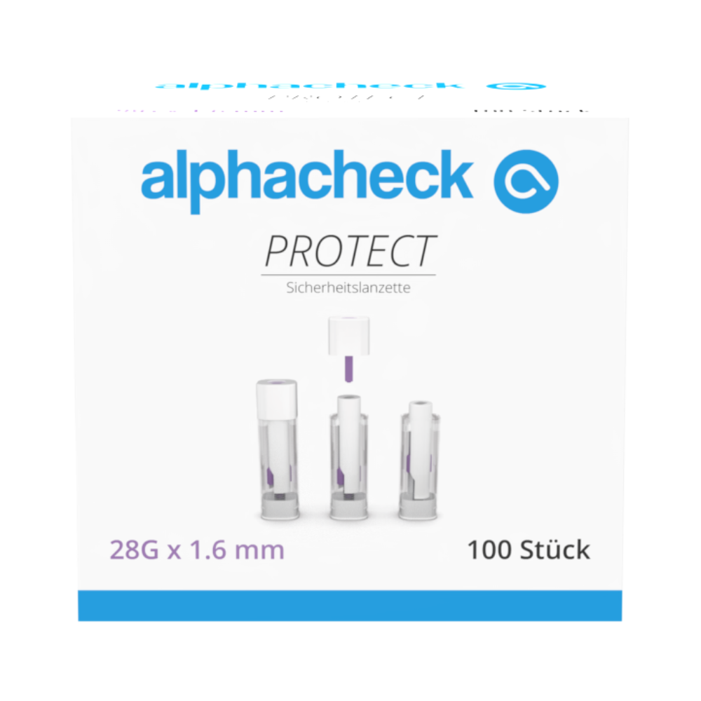 Bosca le lipéad 'alphacheck PROTECT' ó Berger Med GmbH ina bhfuil 100 Alphacheck PROTECT lancéid sábháilteachta (28G x 1.6 mm) le haghaidh tógáil fola gan phian. Taispeánann an taobh tosaigh trí lancéid le téacs i nGearmáinis agus i mBéarla.