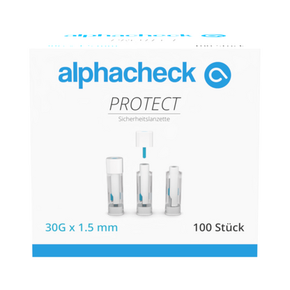 Bosca Alphacheck PROTECT lancéid sábháilteachta (30G x 1.5 mm, 100 píosa) ó Berger Med GmbH le haghaidh tógáil fola gan phian; trí lancéid le caipíní cosanta agus lógó alphacheck ar chúlra bán.