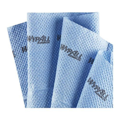 Four blue, quarter-shaped WypAll® ForceMax PowerClean cleaning cloths from Kimberly-Clark GmbH are fanned out, each showing the brand logo. Their bumpy texture is ideal for demanding cleaning tasks. Box: 1 x 40 sheets.