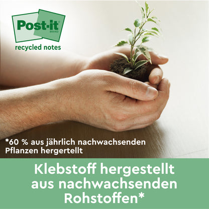 Zwei Hände halten einen Keimling mit Erde. 3M Deutschland GmbH bewirbt Post-it® Recycling Z-Notes (Gelb, 76x76 mm, 12 Blöcke + Gratis Dispenser) - 100% PEFC-zertifiziert, Klebstoff aus 60% jährlich erneuerbaren pflanzlichen Rohstoffen.