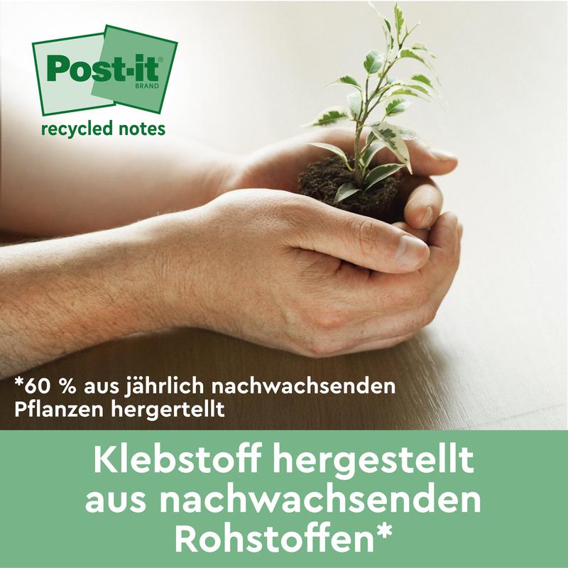 A pair of hands holds a small plant with soil. German text advertises the Post-it® Recycling Z-Notes from 3M Deutschland GmbH in Yellow, 76x76mm, 100 sheets/block, 6 blocks/pack, made from 100% PEFC-certified paper. The Post-it logo appears at the top left.