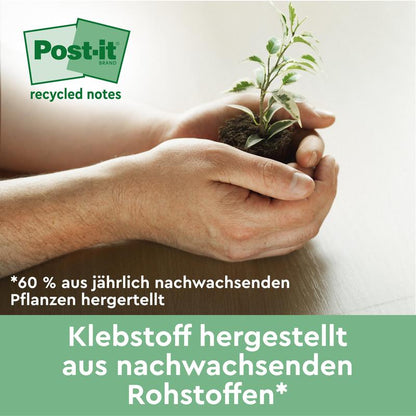 A pair of hands holds a small plant with soil. German text advertises the Post-it® Recycling Z-Notes from 3M Deutschland GmbH in Yellow, 76x76mm, 100 sheets/block, 6 blocks/pack, made from 100% PEFC-certified paper. The Post-it logo appears at the top left.