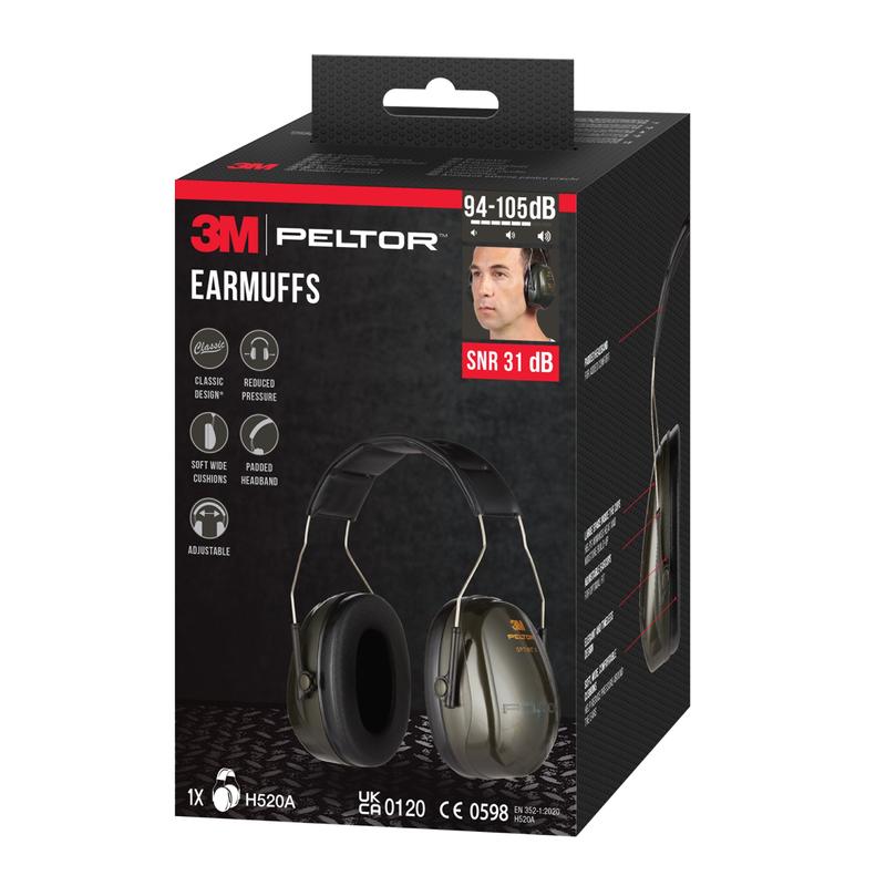 Bosca 3M™ PELTOR™ Optime™ II Cluasáin H520A (1 Píosa, glas) ó 3M Deutschland GmbH le luach SNR 31 dB, feistiú inchoigeartaithe agus polstair bhog le haghaidh compoird.