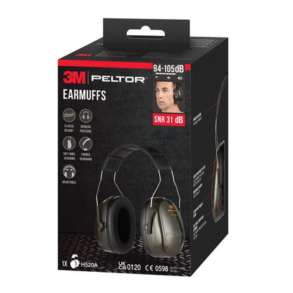 Bosca 3M™ PELTOR™ Optime™ II Cluasáin H520A (1 Píosa, glas) ó 3M Deutschland GmbH le luach SNR 31 dB, feistiú inchoigeartaithe agus polstair bhog le haghaidh compoird.