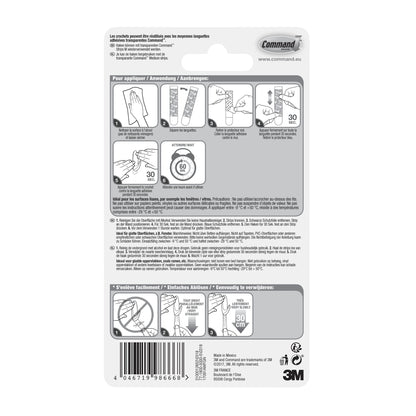 Rückseite eines 3M Deutschland GmbH Transparente mittelgroße Command™ Haken M für den Außenbereich, oval (17091AW), mit bebilderter mehrsprachiger Anleitung, Sicherheitshinweisen, wetterbeständiger Hakenmarkierung, Firmenlogos und Barcode.