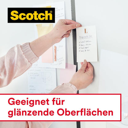 Someone uses Scotch® Crystal Tape, 19mm x 25m + 5m FREE on a hand dispenser (3M Deutschland GmbH), to attach a note to a whiteboard with other papers. The board says "Suitable for glossy surfaces" and shows the logo.