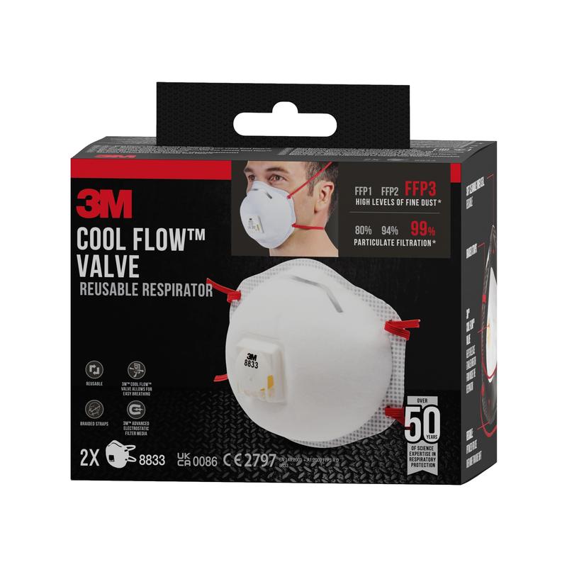 Bosca masc cáithníní 3M™ Cool Flow™ 8833, FFP3, le comhla (pacáiste 2) ó 3M Deutschland GmbH. Taispeánann sé an masc agus úsáideoir; cosnaíonn sé le scagadh FFP1, FFP2 & FFP3 ar feadh suas le 50 úsáideoir in aghaidh an mhasc.