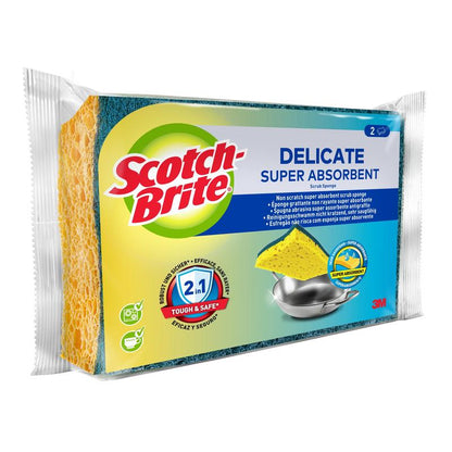 A pack with two Scotch-Brite® Delicate non-scratch natural fiber cleaning sponges from 3M Germany GmbH in blue-green packaging, showing a yellow sponge for cleaning a metal bowl - ideal for delicate surfaces.