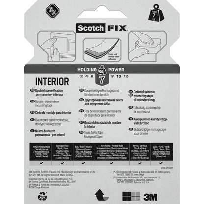 Die Verpackung des Scotch-FIX™ Doppelseitigen Innenmontagebandes der 3M Deutschland GmbH zeigt mehrsprachigen Text, Anwendungsbilder und Symbole, die zeigen, dass das Band bis zu 7 kg tragen kann.