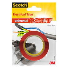 Eine Verpackung von Scotch® Isolierband universal, 10 m x 15 mm (1 Rolle), von 3M Deutschland GmbH, mit rotem Klebeband über einem Netzstecker und freiliegenden Kabeln. Auf der Verpackung sind die Logos von Scotch und 3M abgebildet.