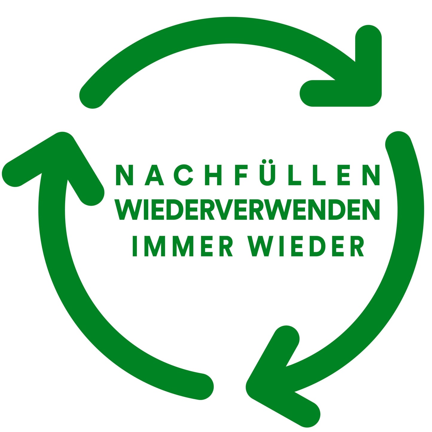 Ein grünes, kreisförmiges Recycling-Symbol mit dem Schriftzug "NACHFÜLLEN WIEDERVERWENDEN IMMER WIEDER" ziert den Scotch™ Tischabroller C10 der 3M Deutschland GmbH und erinnert daran, den schwarzen Klebebandabroller nachzufüllen und wiederzuverwenden.