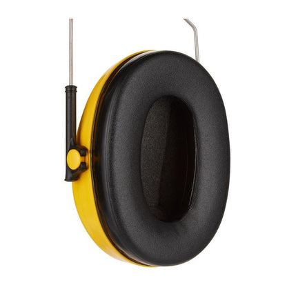 Close-up of a single yellow 3M™ PELTOR™ Optime™ I Earmuff for Safety Helmet H510P3E (SNR 26 dB) by 3M Deutschland GmbH, with padded ear cushion and part of the metal headband, isolated on a white background.