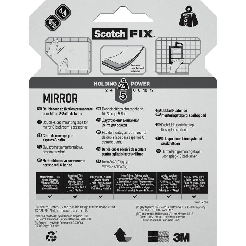 Back of the packaging of 3M Deutschland GmbH Scotch-FIX™ Mirror Mounting Tape 4496W with instructions, multilingual features, 5 kg holding power, brand logos, and an illustration showing the use of double-sided tape for mounting a mirror.