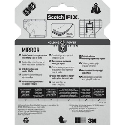 Back of the packaging of 3M Deutschland GmbH Scotch-FIX™ Mirror Mounting Tape 4496W with instructions, multilingual features, 5 kg holding power, brand logos, and an illustration showing the use of double-sided tape for mounting a mirror.