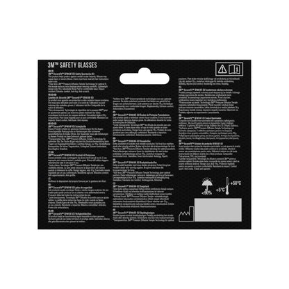 Rückseite einer 3M™ SecureFit™ Schutzbrille 400-Verpackung der 3M Deutschland GmbH mit Produktdetails, Anweisungen und Sicherheitssymbolen in mehreren Sprachen auf Schwarz. Die Symbole für den Temperaturbereich und die Luftfeuchtigkeit befinden sich unten rechts.