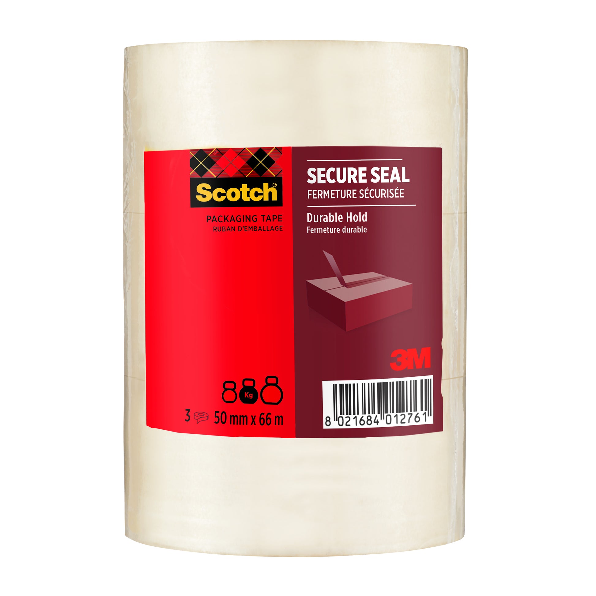 Ein 3er-Pack Scotch® Verpackungsklebeband für einen sicheren Verschluss (50 mm x 66 m) von 3M Deutschland GmbH, mit roter und schwarzer Verpackung mit Produktinformation, Barcode und einem Bild vom Verkleben einer Schachtel.