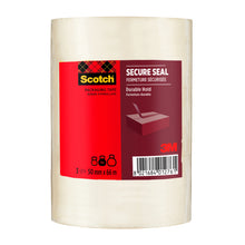 Ein 3er-Pack Scotch® Verpackungsklebeband für einen sicheren Verschluss (50 mm x 66 m) von 3M Deutschland GmbH, mit roter und schwarzer Verpackung mit Produktinformation, Barcode und einem Bild vom Verkleben einer Schachtel.