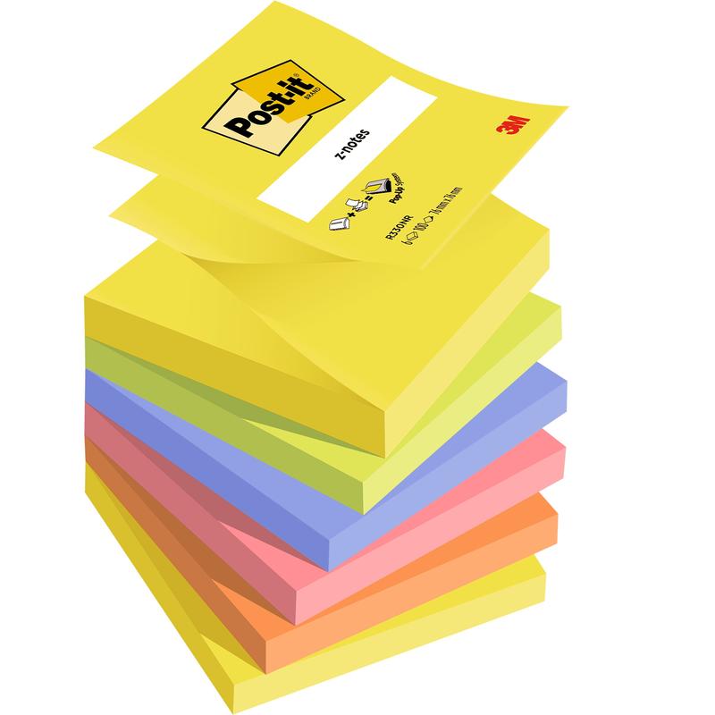 A stack of Post-it® Z-Notes in various neon colors (yellow, pink, orange, blue, purple), each 76x76 mm with 100 sheets per pad and 6 pads per pack. PEFC-certified (100%) by 3M Deutschland GmbH for sustainable sourcing.