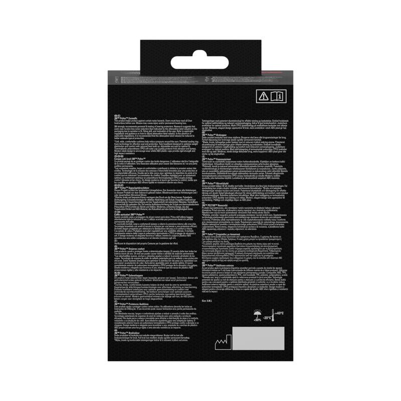 The back of the 3M™ PELTOR™ Comfort Earmuffs packaging from 3M Deutschland GmbH is made of black cardboard with small white text, warning symbols at the top right, handling symbols at the bottom right, and a hanging tab at the top.