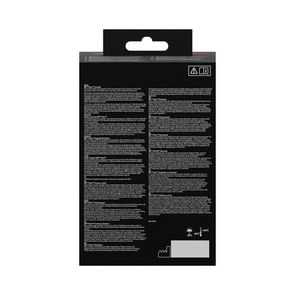 The back of the 3M™ PELTOR™ Comfort Earmuffs packaging from 3M Deutschland GmbH is made of black cardboard with small white text, warning symbols at the top right, handling symbols at the bottom right, and a hanging tab at the top.