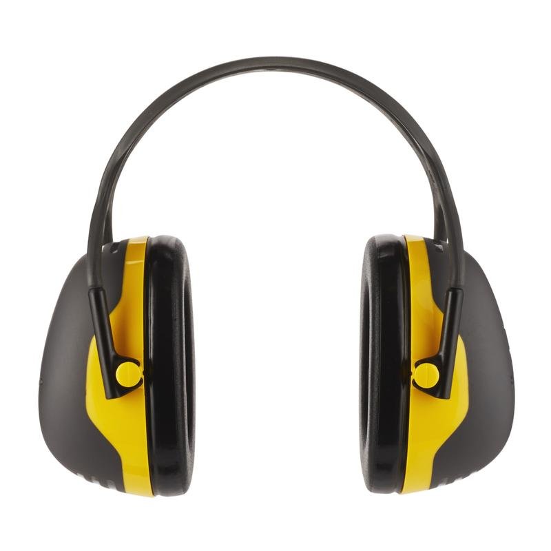 A pair of 3M™ PELTOR™ Comfort Earmuffs from 3M Deutschland GmbH in black and yellow, with a black adjustable headband, depicted from the front on a white background.