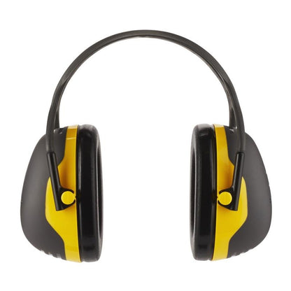 A pair of 3M™ PELTOR™ Comfort Earmuffs from 3M Deutschland GmbH in black and yellow, with a black adjustable headband, depicted from the front on a white background.