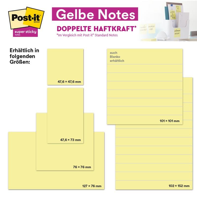 A table shows the Post-it® Super Sticky Notes from 3M Deutschland GmbH in the format 76 mm x 76 mm (90 sheets per block). Product packaging and application examples are shown at the top right.