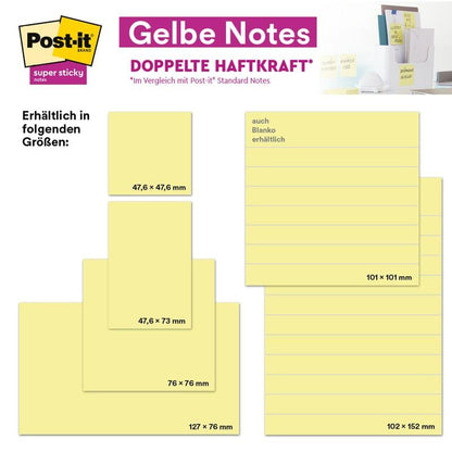 A table shows the Post-it® Super Sticky Notes from 3M Deutschland GmbH in the format 76 mm x 76 mm (90 sheets per block). Product packaging and application examples are shown at the top right.