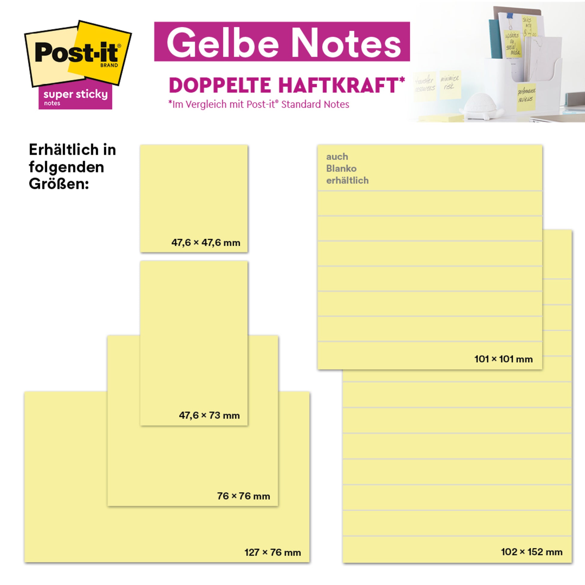 Werbegrafik für die Post-it® Super Sticky Notes der 3M Deutschland GmbH im Großformat, 101 x 101 mm, 70 Blatt/Block, 100% PEFC. Das Bild zeigt verstreute gelbe Notizblöcke.