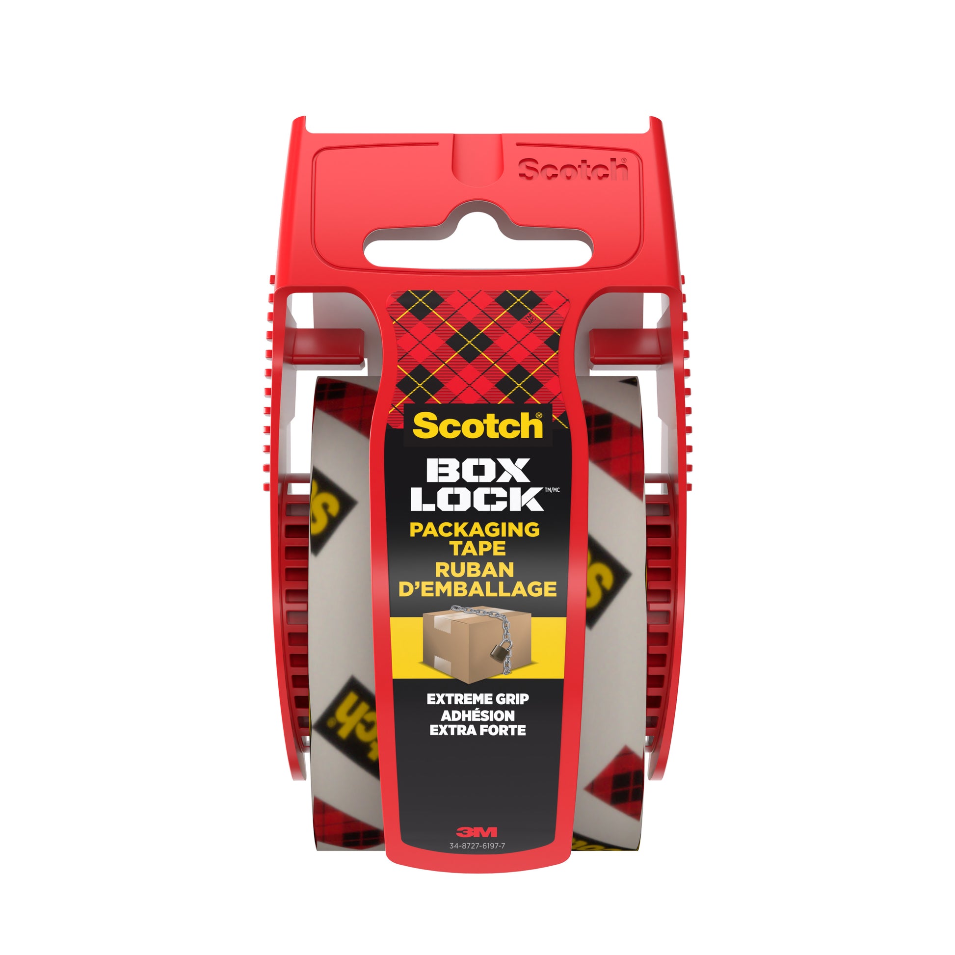 Ein roter Kunststoffspender enthält eine Rolle Scotch® Box Lock™ Verpackungsklebeband 48 mm x 20,3 m von 3M Deutschland GmbH. Das Etikett zeigt "Scotch Box Lock Verpackungsklebeband, Extreme Grip" mit der Abbildung einer verschlossenen Schachtel.