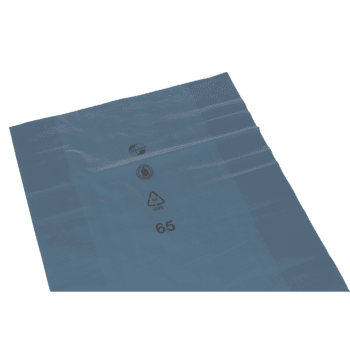 A flat, translucent blue plastic sheet for waste disposal from EMIL DEISS KG (GmbH + Co.) - like the DEISS 10120 - 500+200x850x0.06 mm blue - shows recycling symbols and the number 65 in black lettering on a white background.