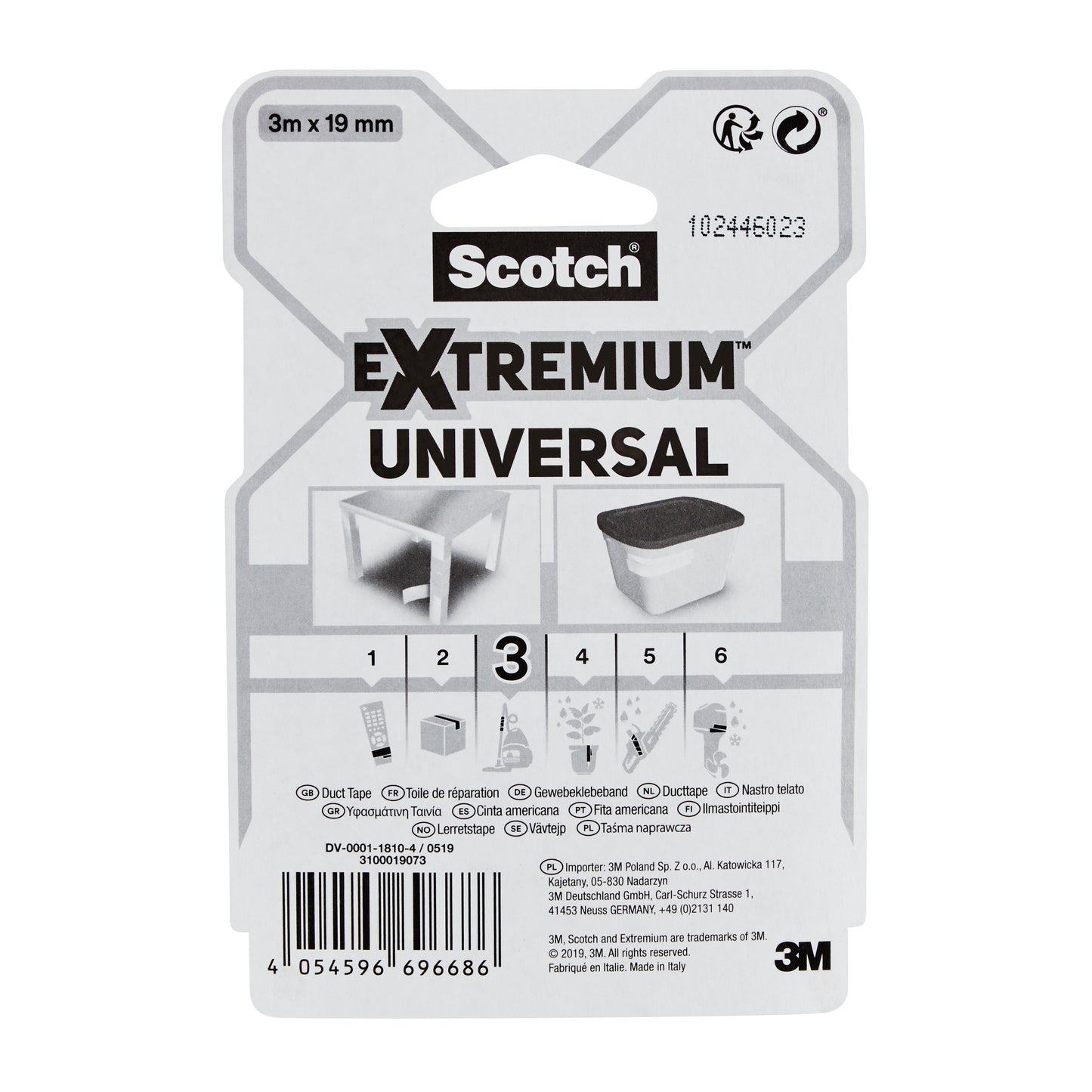 Auf einer Packung Scotch® Extremium™ Universal Klebeband, 3 m x 19 mm von 3M Deutschland GmbH sind der Produktname, Anwendungsbilder, eine mehrsprachige Anleitung und das 3M Logo unten rechts abgebildet.