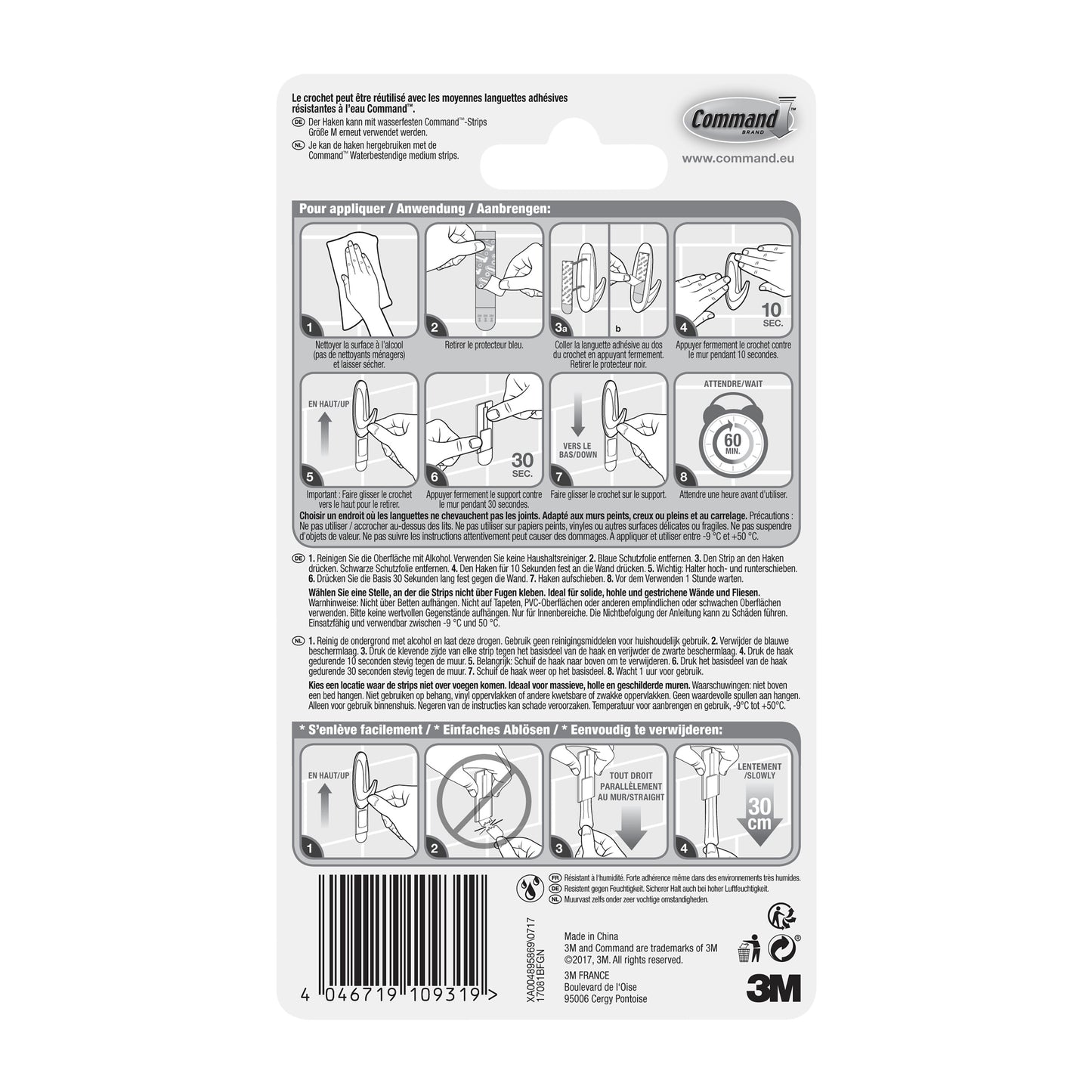 Die Rückseite einer Command™ Bad Medium Designer-Haken, 17081B von 3M Deutschland GmbH-Verpackung zeigt illustrierte Auf- und Abbauschritte, mehrsprachigen Text, Sicherheitswarnungen und einen Barcode am unteren Rand.