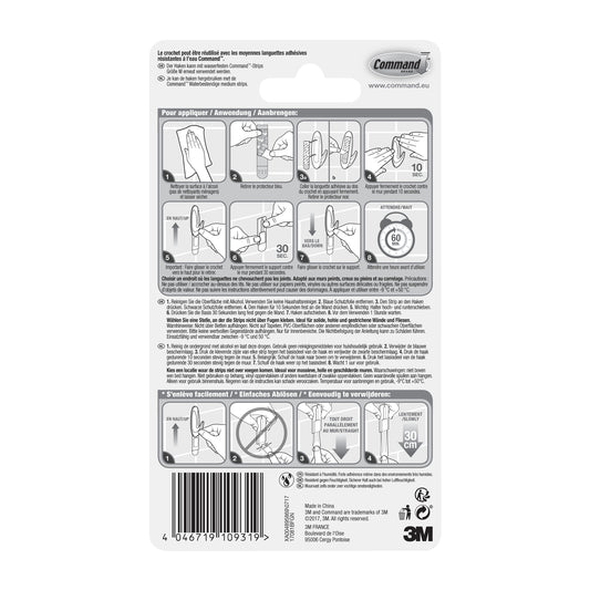 Die Rückseite einer Command™ Bad Medium Designer-Haken, 17081B von 3M Deutschland GmbH-Verpackung zeigt illustrierte Auf- und Abbauschritte, mehrsprachigen Text, Sicherheitswarnungen und einen Barcode am unteren Rand.