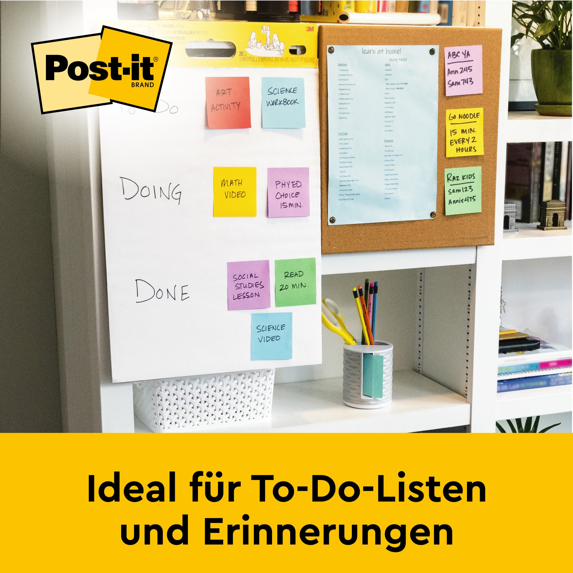 Eine Post-it® Super Sticky Meeting Chart (63,5 x 76,2 cm) der 3M Deutschland GmbH ist mit farbigen Post-it® Super Sticky Meeting Notes in Neonfarben beklebt. Eine zweite Tafel mit blauem Blatt und Zetteln steht daneben; eine gelbe Deutschlandfahne ist zu sehen.